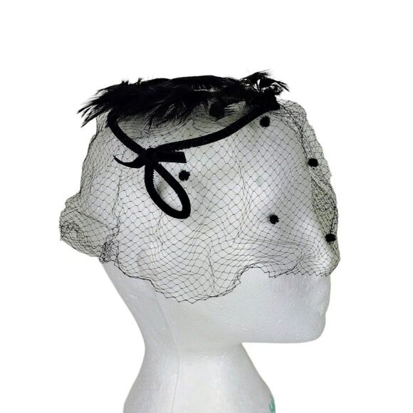 Vintage 40's 50's Black Velvet & Feathers Net Wired Fascinator Head Piece Hat - Picture 9 of 12